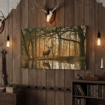 Joycorner Majestic Deer Misty Forest Reflection Landscape Canvas