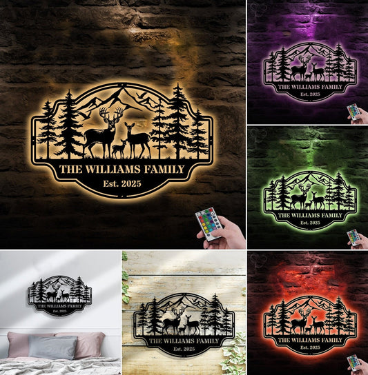 Maxcorners Personalized Deer Family Metal Sign WITH LED/WITHOUT LED - Rustic Cabin Wall Decor, Custom Name Hunting Lodge Sign MT0110