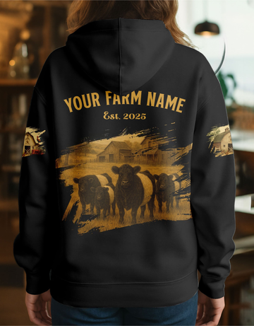 Joycorners Belted Galloway Farm Life Black Cattle Personalized Name, Farm Name Unisex 3D Hoodie