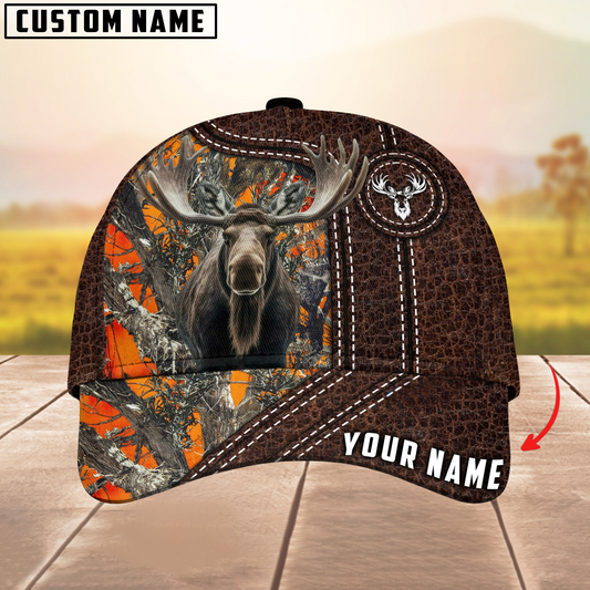 Joycorners Moose Hunting Premium Leather Pattern Mutilcolored Personalized Name 3D Cap