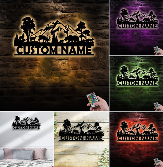 Maxcorners Personalized Wildlife Metal Sign WITH LED/WITHOUT LED - Rustic Cabin Name Sign with Deer & Bear, Mountain Lodge Outdoor Wall Art MT0110