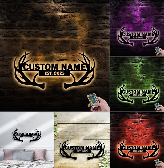 Maxcorners Personalized Deer Antler Metal Sign WITH LED/WITHOUT LED - Rustic Cabin Name Sign, Hunter Lodge Established Wall Art MT0110