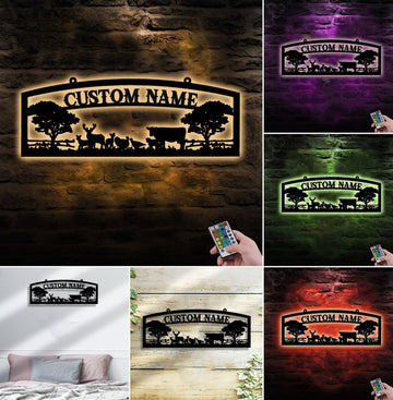 Maxcorners Personalized Farm Metal Sign WITH LED/WITHOUT LED - Rustic Ranch Name Sign with Livestock, Deer & Trees for Barn, Cabin & Outdoor Decor MT0110