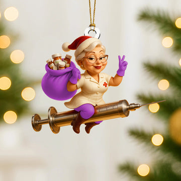 Joycorners Funny Nurse Christmas Ornament, Custom Healthcare Worker Ornament, Santa Nurse Riding Syringe, Unique RN Xmas Gift | Purple
 2D Flat LM1711
