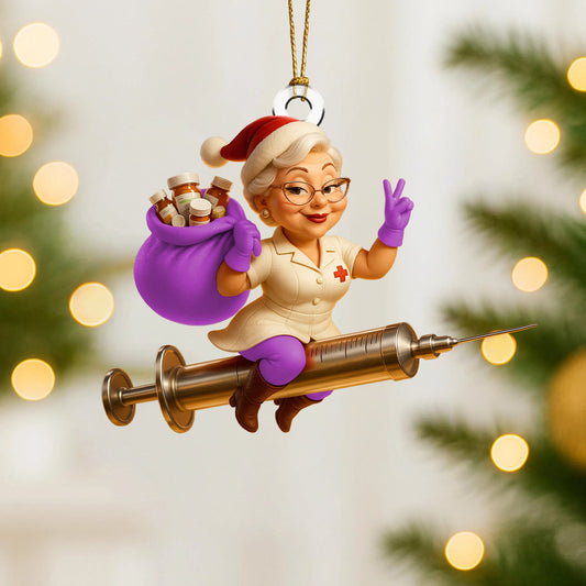 Joycorners Funny Nurse Christmas Ornament, Custom Healthcare Worker Ornament, Santa Nurse Riding Syringe, Unique RN Xmas Gift | Purple
 2D Flat LM1711