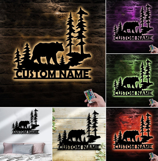 Maxcorners Personalized Bear Metal Sign WITH LED/WITHOUT LED - Rustic Cabin Name Sign, Wildlife Forest Wall Art for Lodge & Outdoor Decor MT0110