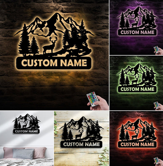 Maxcorners Personalized Deer Metal Sign WITH LED/WITHOUT LED - Mountain Cabin Name Sign, Rustic Wildlife Wall Art for Lodge & Outdoor Decor MT0110