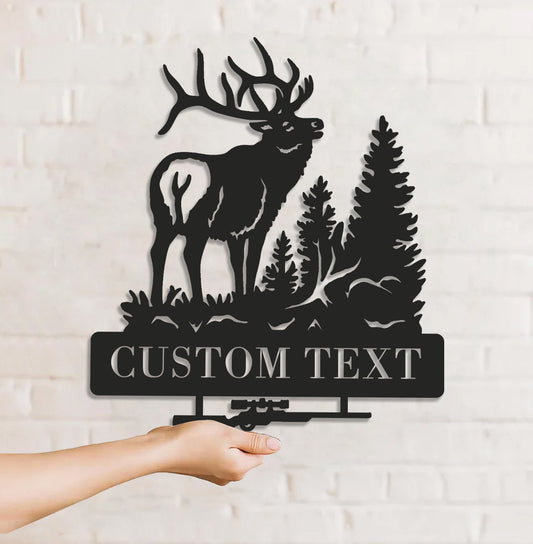 Maxcorners Personalized Elk Hunting Metal Sign WITH LED/WITHOUT LED Light Deer Forest Scene Custom Name Rifle Wall Art Hunter Gift MT0110