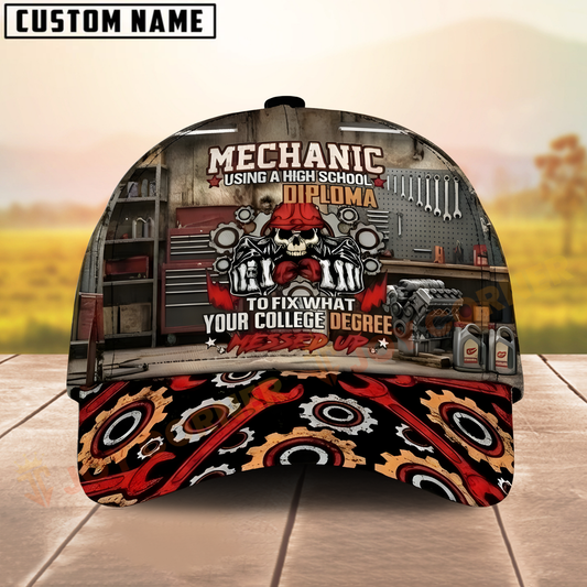 Joycorners Mechanic Diploma Cap – Skull with Tools, Garage Workshop 3D Print, Custom Name Gear Brim Hat