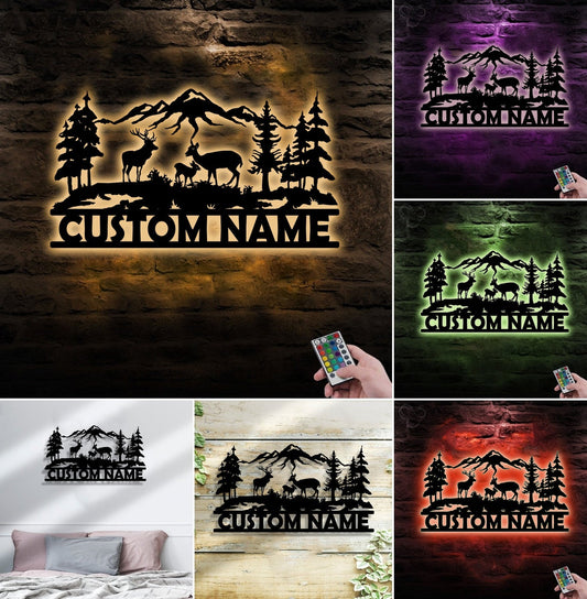 Maxcorners Personalized Deer Family Metal Sign WITH LED/WITHOUT LED - Rustic Cabin Name Sign, Mountain Wildlife Wall Art for Lodge & Outdoor Decor MT0110