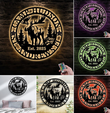 Maxcorners Personalized Moose Metal Sign WITH LED/WITHOUT LED - Rustic Cabin Name Sign, Wildlife Wall Art for Lodge, Camp & Outdoor Decor MT0110