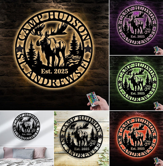 Maxcorners Personalized Moose Metal Sign WITH LED/WITHOUT LED - Rustic Cabin Name Sign, Wildlife Wall Art for Lodge, Camp & Outdoor Decor MT0110