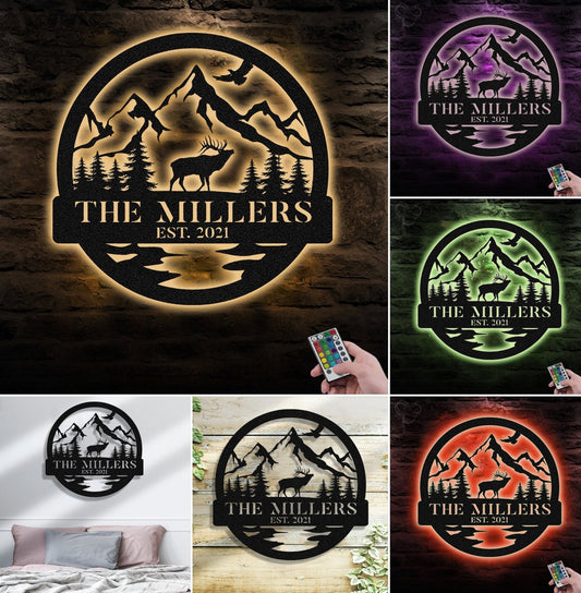 Maxcorners Personalized Mountain Elk Metal Sign WITH LED/WITHOUT LED Light Outdoor Cabin Decor Hunting Lodge Wall Decor MT0110