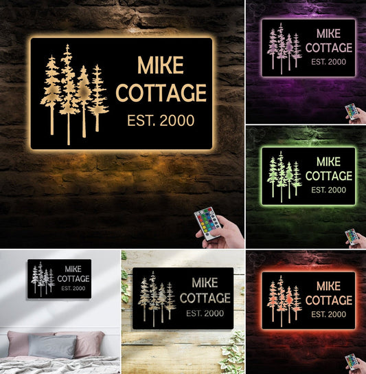 Maxcorners Personalized Forest Metal Sign WITH LED/WITHOUT LED - Rustic Cabin Name Sign with Pine Trees, Cottage Established Wall Art Gift MT0110