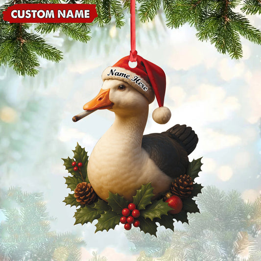 Joycorners Personalized Funny Duck Smoking Acrylic Christmas Ornament – Custom Name Holiday Gift for Hunters & Outdoor Lovers MT1111