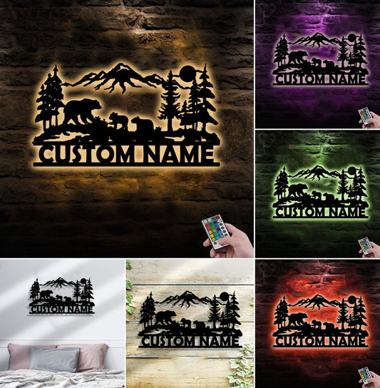 Maxcorners Personalized Bear Family Metal Sign WITH LED/WITHOUT LED - Mountain Cabin Name Sign, Rustic Wildlife Wall Art for Lodge & Outdoor Decor MT0110