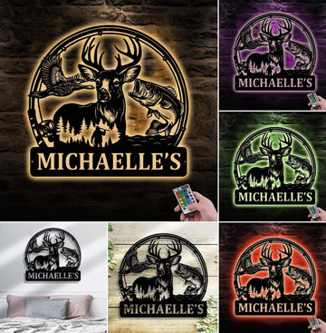 Maxcorners Personalized Hunting Metal Sign WITH LED/WITHOUT LED - Deer, Duck & Fish Wildlife Wall Art, Rustic Cabin Decor for Hunters MT0110
