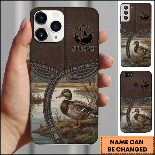 Joycorners Artist Hunting Duck Zipper Leather Brown Vintage Personalized Name Phone Case