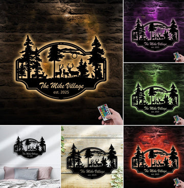 Maxcorners Personalized Deer Metal Sign WITH LED/WITHOUT LED - Rustic Wildlife Scene Cabin Name Sign, Family Lodge Outdoor Wall Art MT0110