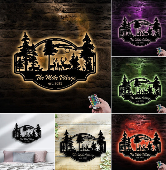 Maxcorners Personalized Deer Metal Sign WITH LED/WITHOUT LED - Rustic Wildlife Scene Cabin Name Sign, Family Lodge Outdoor Wall Art MT0110