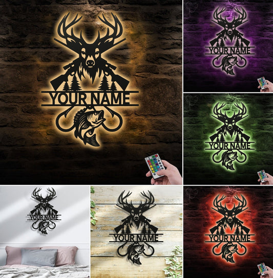 Maxcorners Personalized Deer Hunting and Fishing Metal Sign WITH LED/WITHOUT LED – Rustic Cabin Wall Decor, Gift for Hunters and Anglers MT0110