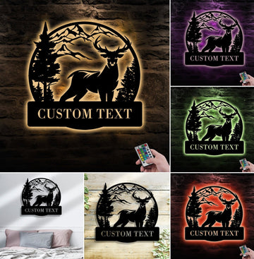 Maxcorners Personalized Deer Hunting Metal Sign WITH LED/WITHOUT LED Light Mountain Scene Custom Text Rustic Wall Art Gift MT0110