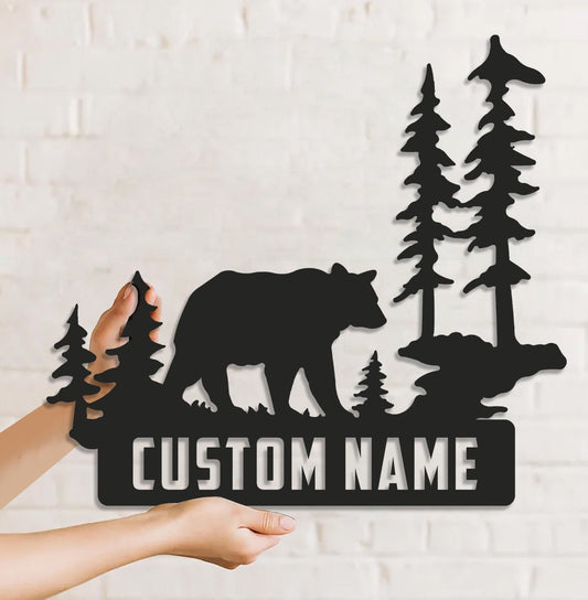 Maxcorners Personalized Bear Metal Sign WITH LED/WITHOUT LED Light Custom Name Mountain Scene Wall Art Cabin Lodge Rustic Decor Gift MT0110