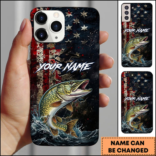 Joycorners Pike Fishing Phone Case  Vintage USA Flag Grunge Wave Art Personalized Name Phone Case