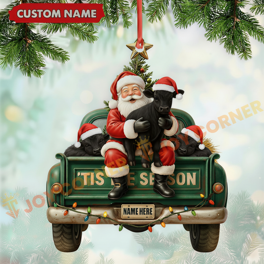 Joycorners Christmas Farm Truck Santa & Cows Ornament, Custom Name Acrylic Ornament (9 Breed Options)