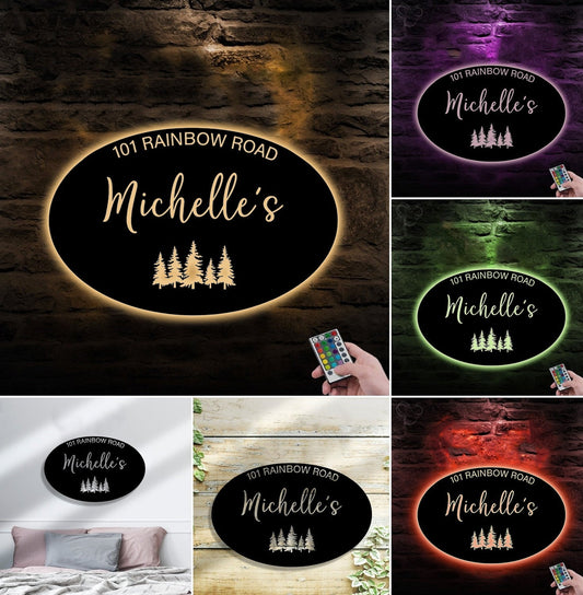 Maxcorners Personalized Address Metal Sign WITH LED/WITHOUT LED - Custom Family Name Sign with Pine Trees, Rustic Cabin or Cottage Outdoor Decor MT0110