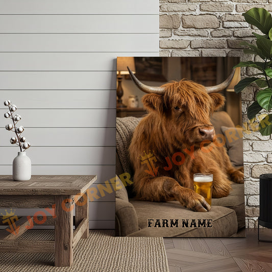 Joycorners Cattle Cow Cozy Farmhouse Highland Cow Relaxing On Sofa Personalized Name Canvas