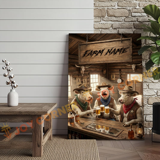 Joycorner Charolais Cow Trio Western Saloon Beer Cheers Rustic Bar Sign Customized Farm Name Canvas