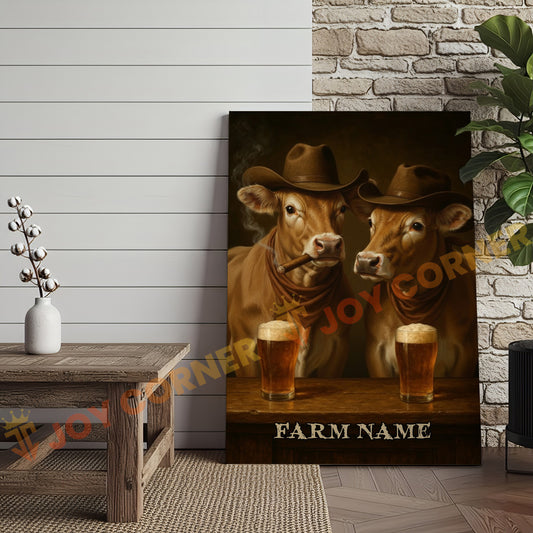 Joycorner Jersey Cow Cowboy Beer Bar – Personalized Farm Name 3D Wrapped Canvas