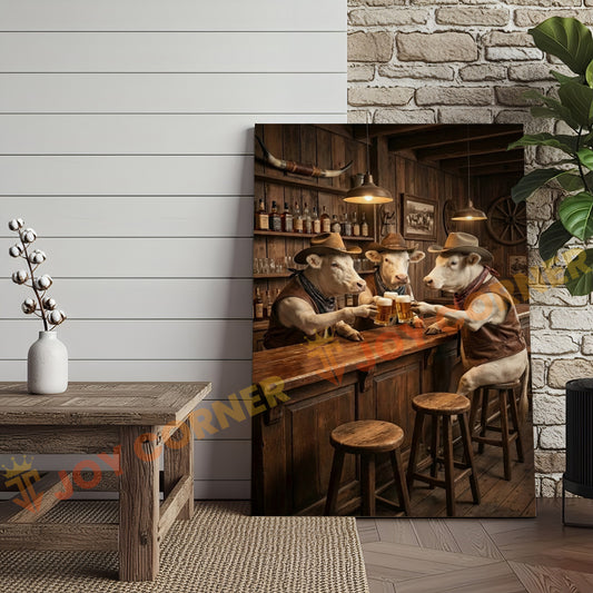 Joycorner Charolais Cow Western Bar Counter Beer Toast Rustic Canvas