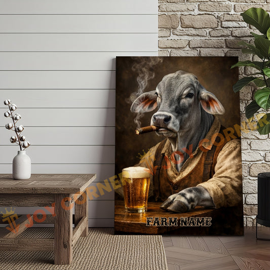 Joycorners Cattle Cow Farmhouse Brahman Cow Drinking Beer Personalized Name Canvas