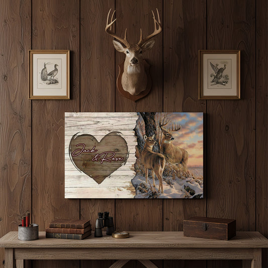 Joycorner Deer Couple Heart Carved Wood Rustic Personalized Canvas