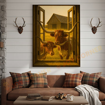 Joycorners Texas Longhorn Cattle at Barn Window Western Country Wrapped Canvas Wall Art