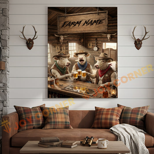 Joycorner Charolais Cow Trio Western Saloon Beer Cheers Rustic Bar Sign Customized Farm Name Canvas
