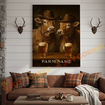 Joycorner Jersey Cow Cowboy Beer Bar – Personalized Farm Name 3D Wrapped Canvas