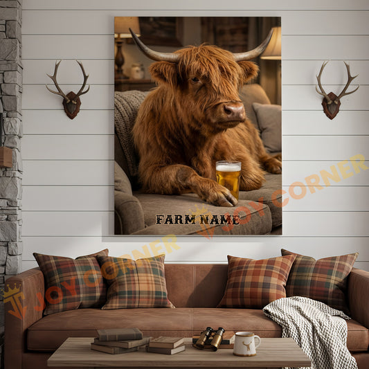 Joycorners Cattle Cow Cozy Farmhouse Highland Cow Relaxing On Sofa Personalized Name Canvas