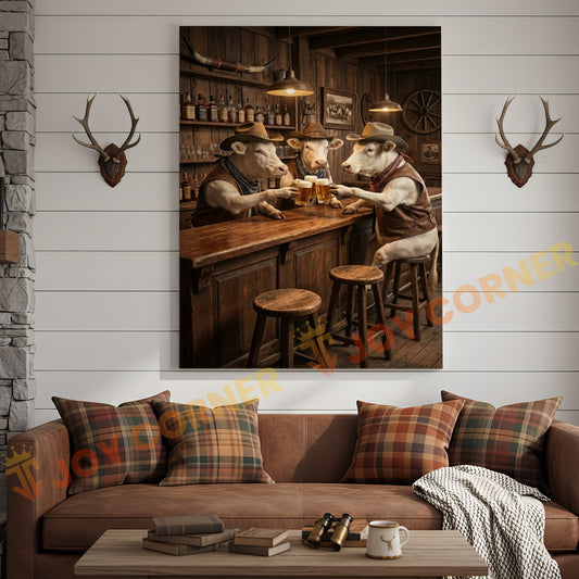 Joycorner Charolais Cow Western Bar Counter Beer Toast Rustic Canvas