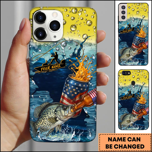Joycorners Crappie Fishing Phone Case Beer Splash Fishing Graphic Personalized Name 3D Phone Case