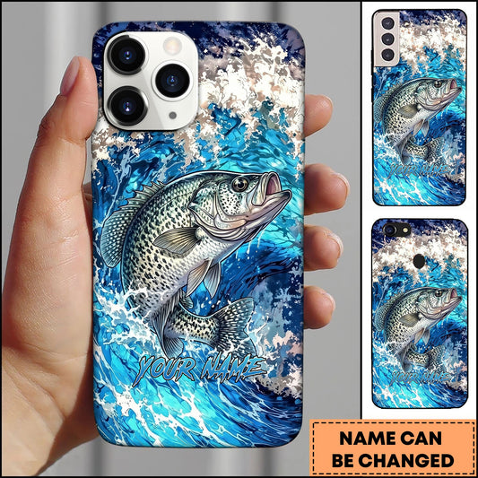 Joycorners Crappie Jumping Out Of Ocean Wave Blue Splash Art Personalized Name Phone Case