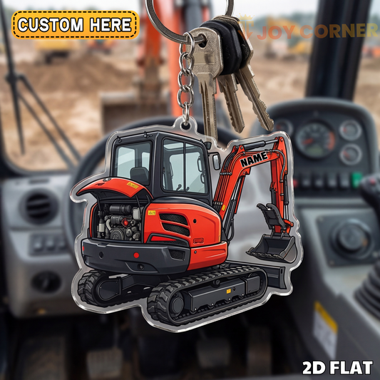 Joycorners Mini Excavator 2D Keychain Red Small Digger Rear View Personalized Name