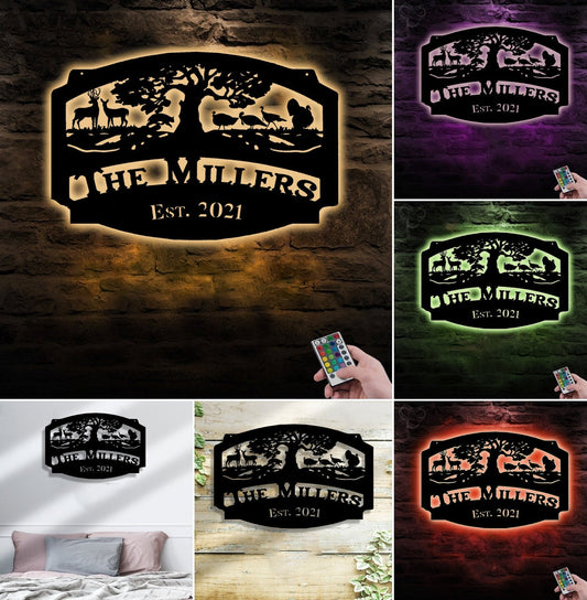 Maxcorners Personalized Hunting Metal Sign WITH LED/WITHOUT LED Light Deer Turkey Scene Custom Name Metal Wall Art Hunter Gift Rustic Cabin Decor MT0110