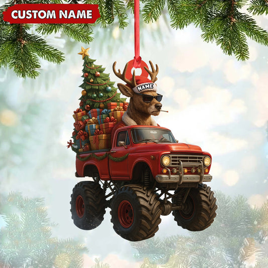 Joycorners Personalized Funny Deer Truck Acrylic Christmas Ornament – Custom Name Gift for Hunters & Outdoor Lovers MT1111