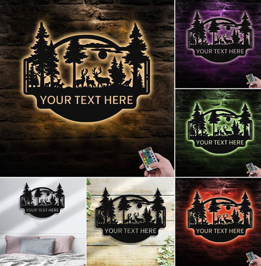 Maxcorners Personalized Deer Forest Metal Sign WITH LED/WITHOUT LED, Rustic Hunting Cabin Wall Decor, Wildlife Scene for Lodge or Mancave MT0110
