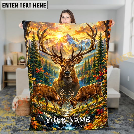 Joycorners Deer Family Mountain Sunrise Forest Landscape Personalized 3D Blanket