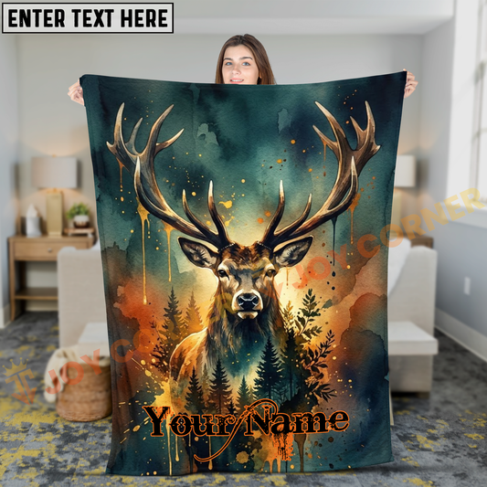Joycorners Majestic Watercolor Stag Forest Silhouette Personalized 3D Blanket