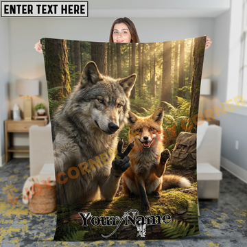 Joycorners Friendly Wolf and Fox Making Peace Sign Selfie Personalized 3D Blanket